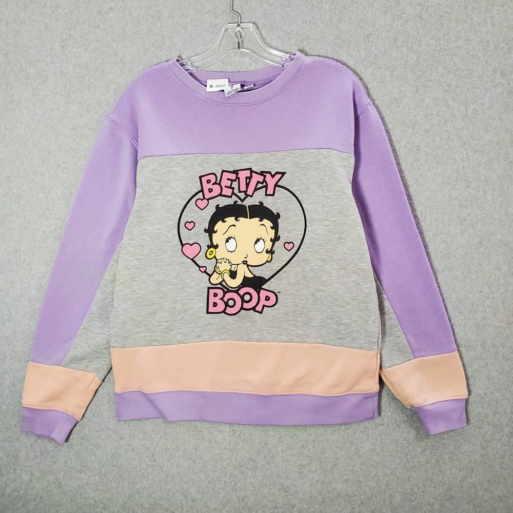 Betty Boop Women Sweatshirt Medium Purple Colorblock Heart Graphic Print READ